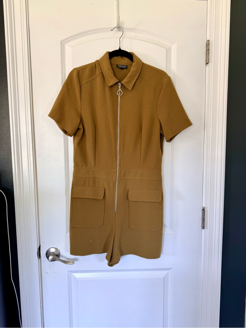 Topshop army green Zip-Front Short Sleeve Romper